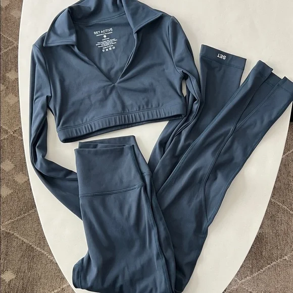 SET Active 2 Piece Luxform Workout Set - Longsleeve Bra & Leggings River Blue S - Picture 1 of 10